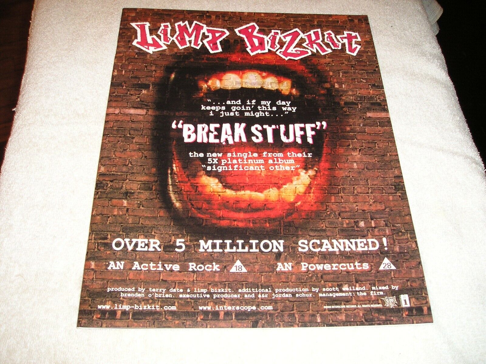Limp Bizkit - 2000 Us Full-page Color Ad 'break Stuff' Single Release Album Ntk