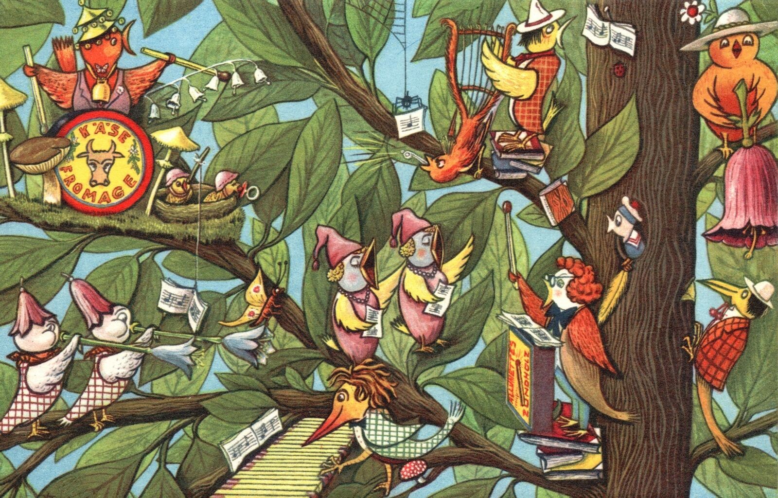 Vintage Postcard 1960 Group Of Birds Playing Music Instruments & Singing On Tree