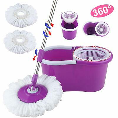 360° Easy Clean Floor Mop Bucket 2 Heads Microfiber Spining Rotating Head Purple