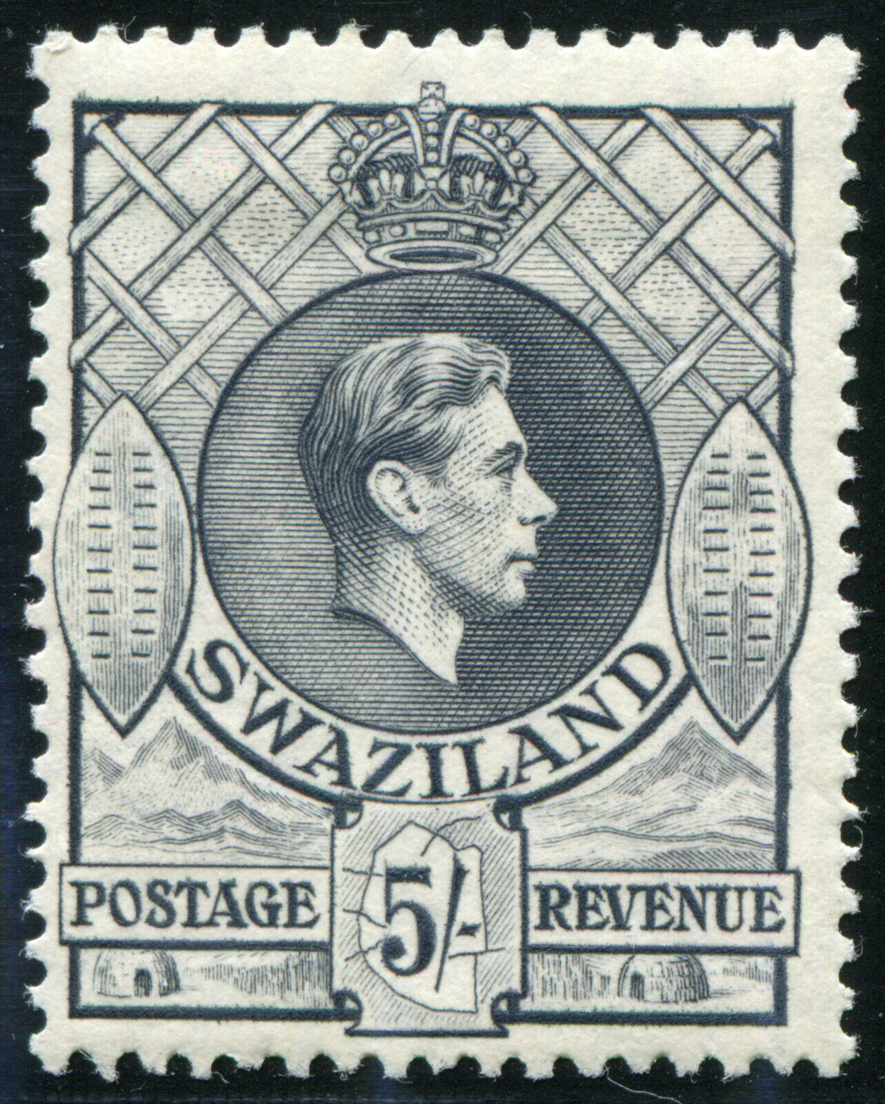 Swaziland 1938 Kgvi 5/- Mint Hinged Sg 37, First Printing, Perf. 13.3x13.2 £70