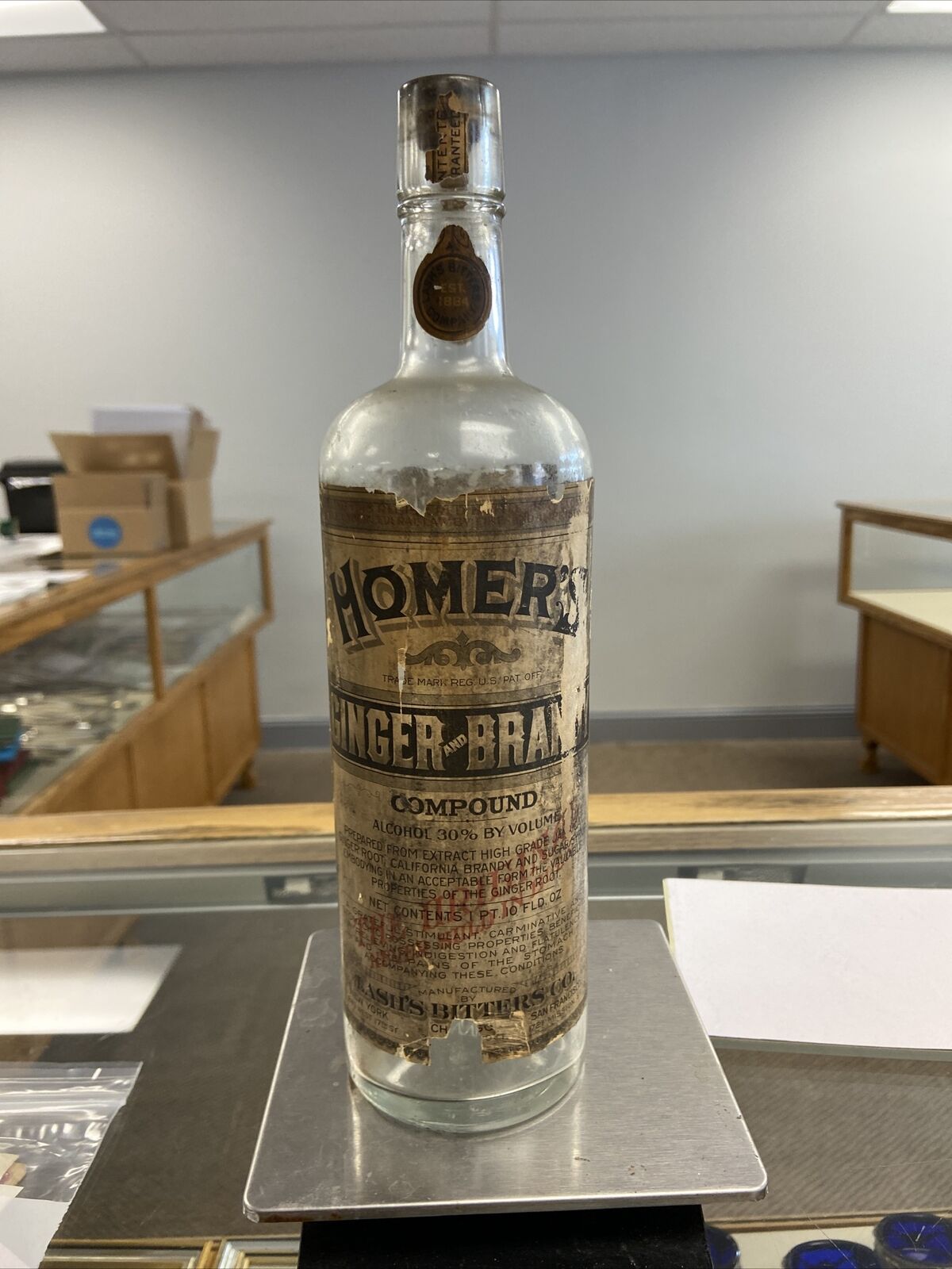 Antique Lash's Bitters Bottle Homer's Ginger Brandy 1890's Partial Label Empty