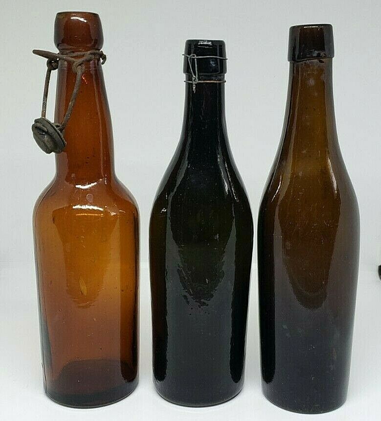 Lot Of (3) 1870's Black Glass Beer Bottles Applied Top 10" Amber Bail Rare Nice!